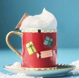 Anthropologie Caroline Stoneware Holiday Espresso Cup & Saucer, NIB